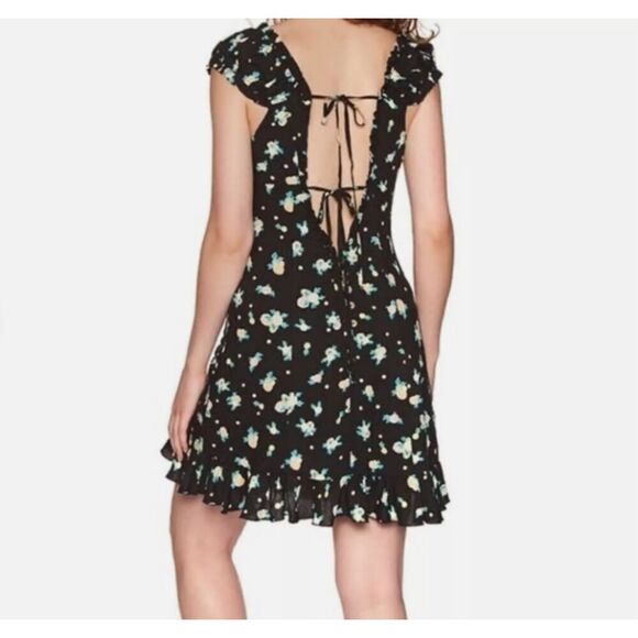 Free People Like A Lady Black Mini Dress Lemon Slice Tie Back Buttons Size XS - Picture 2 of 15